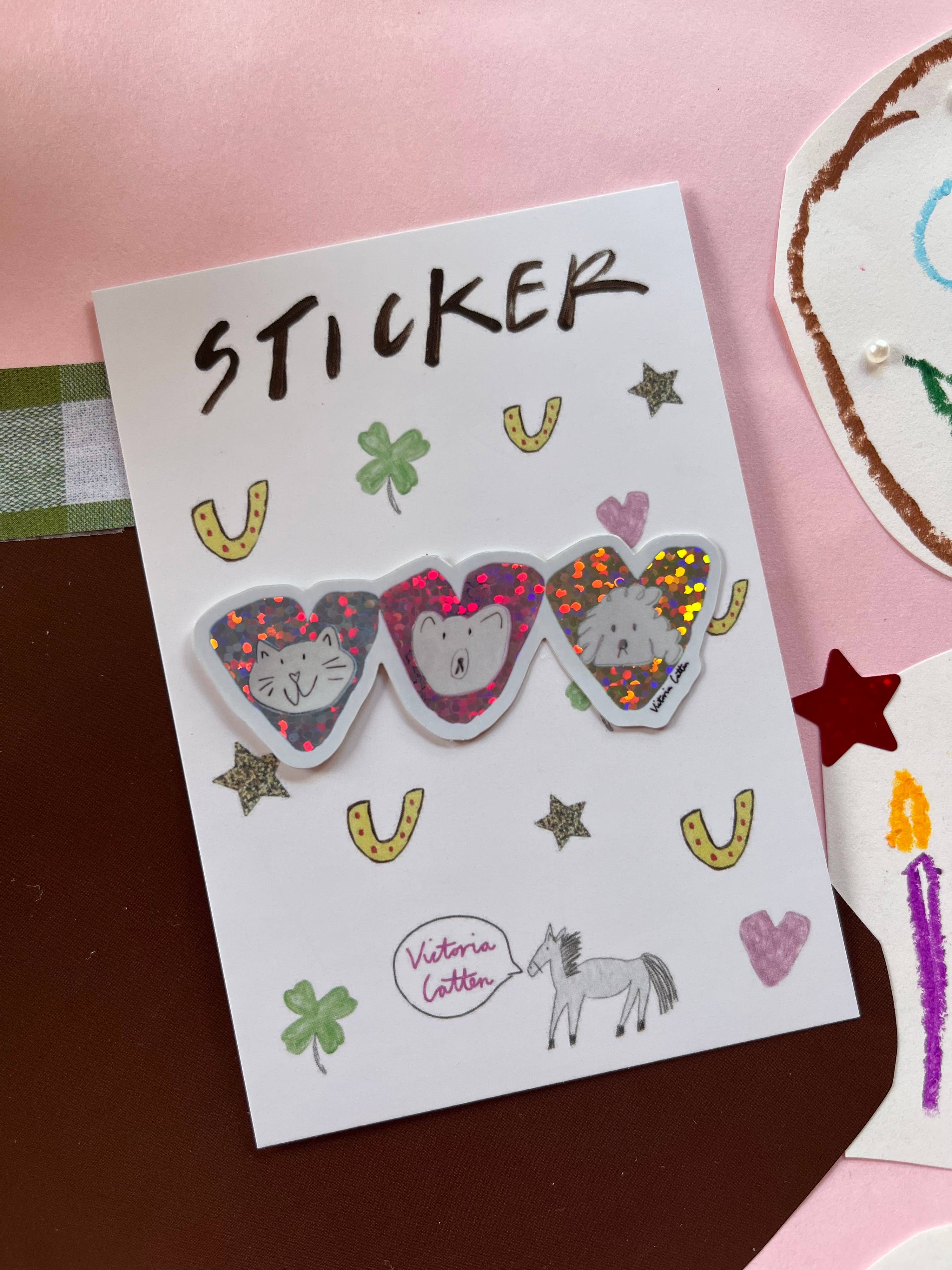 Cat bear and dog glitter love hearts sticker