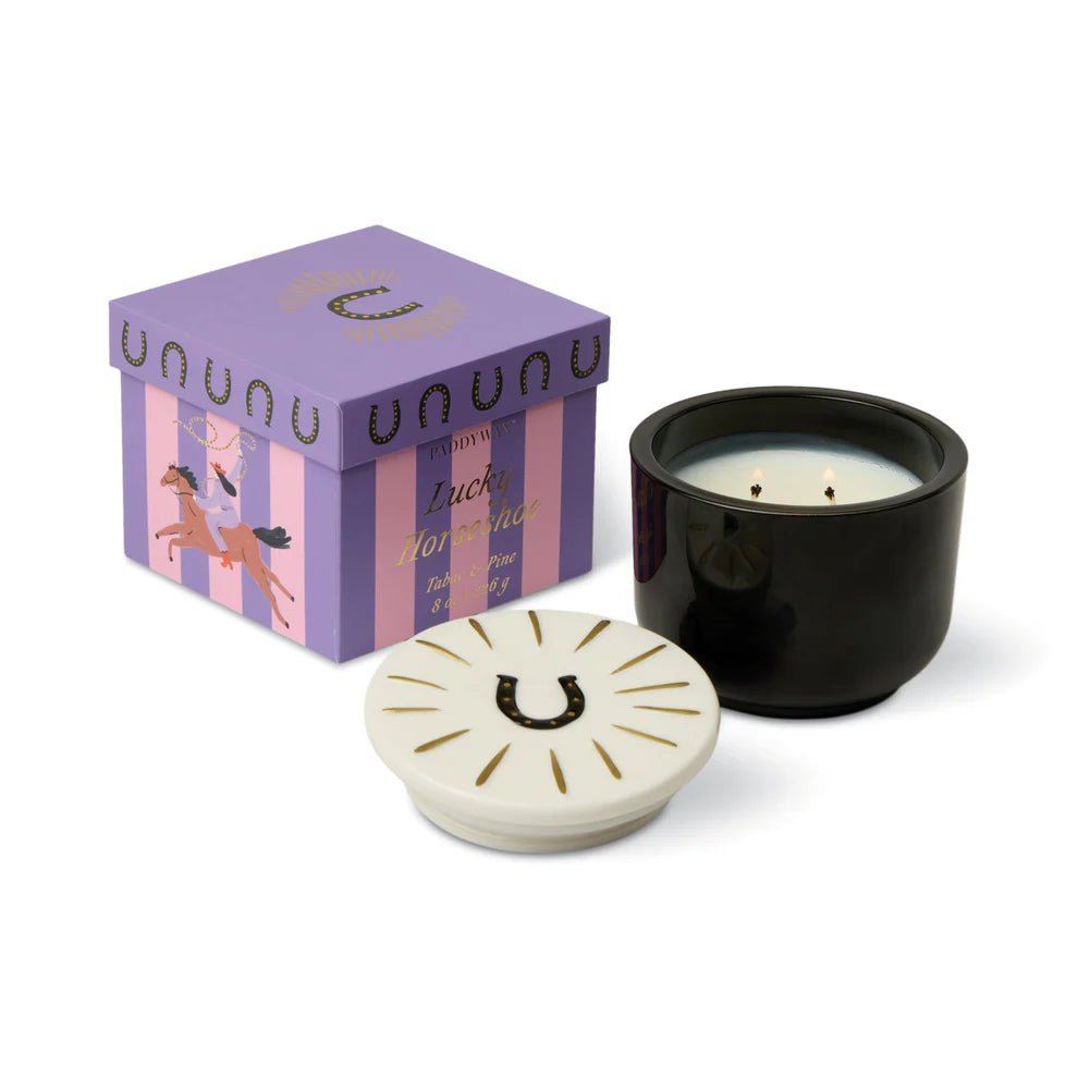 Charmed Black Glass Candle with Horseshoe Lid - Tabac & Pine candle  candle