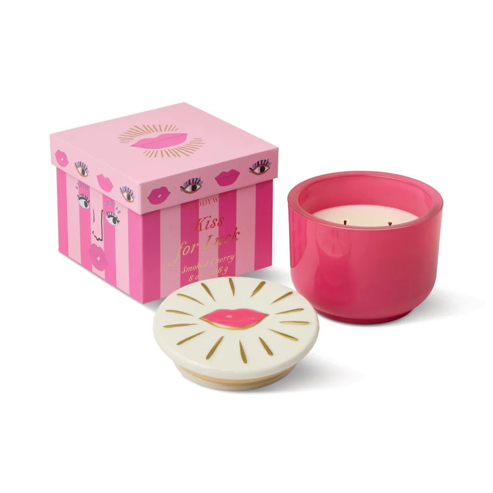 Charmed Pink Glass Candle with Lips Ceramic Lid - Smoked Cherry candle  candle