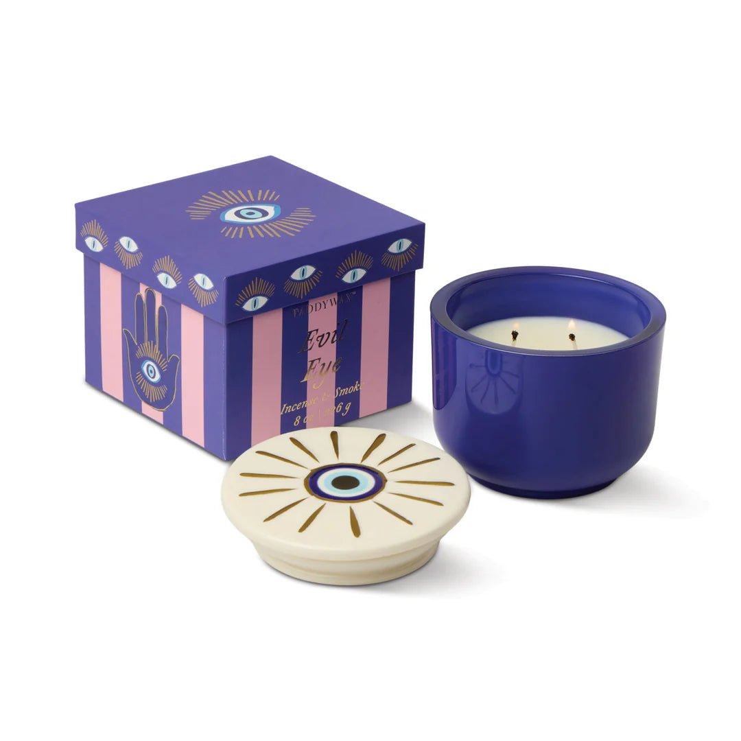 Charmed Blue Glass Candle with Evil Eye Ceramic - Incense & Smoke candle  candle
