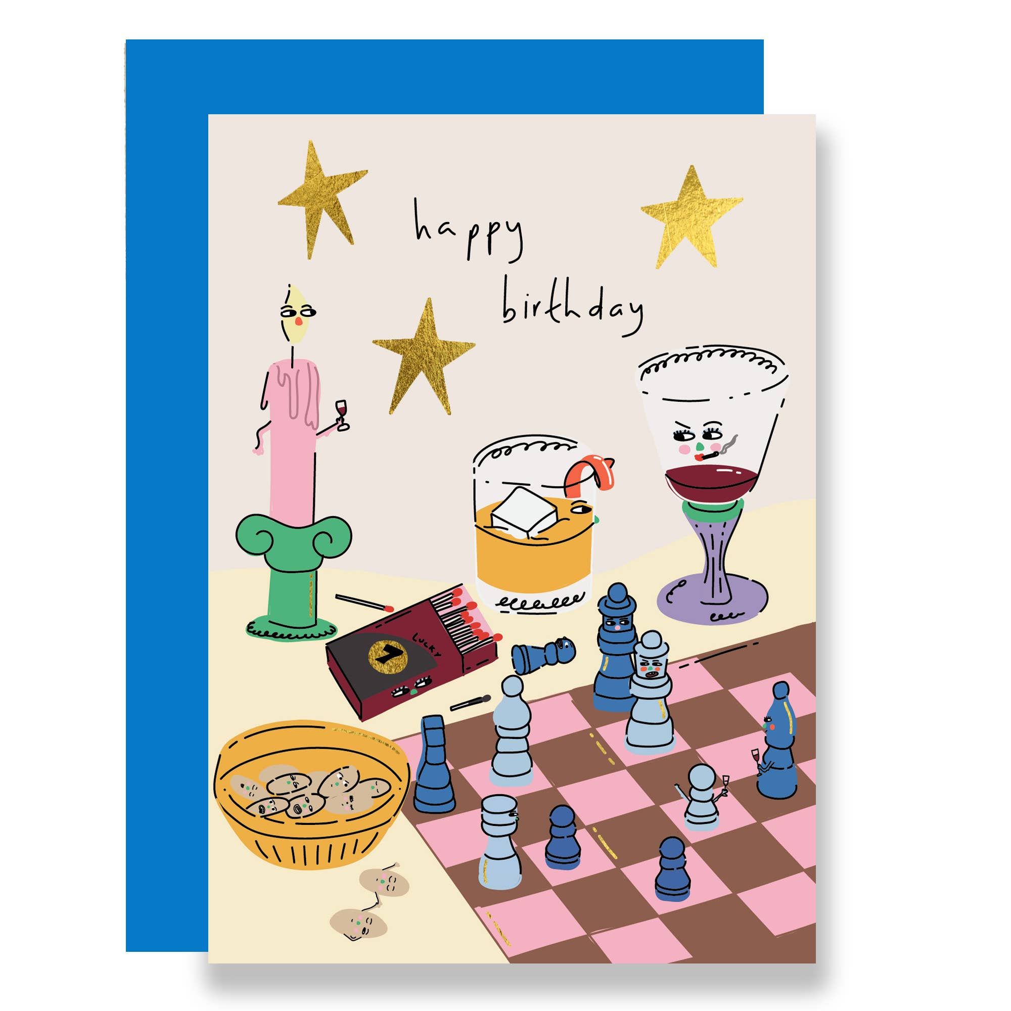 Chess party and drinks birthday card, gold foil - Eat the Moon Modern Love Store Glasgow