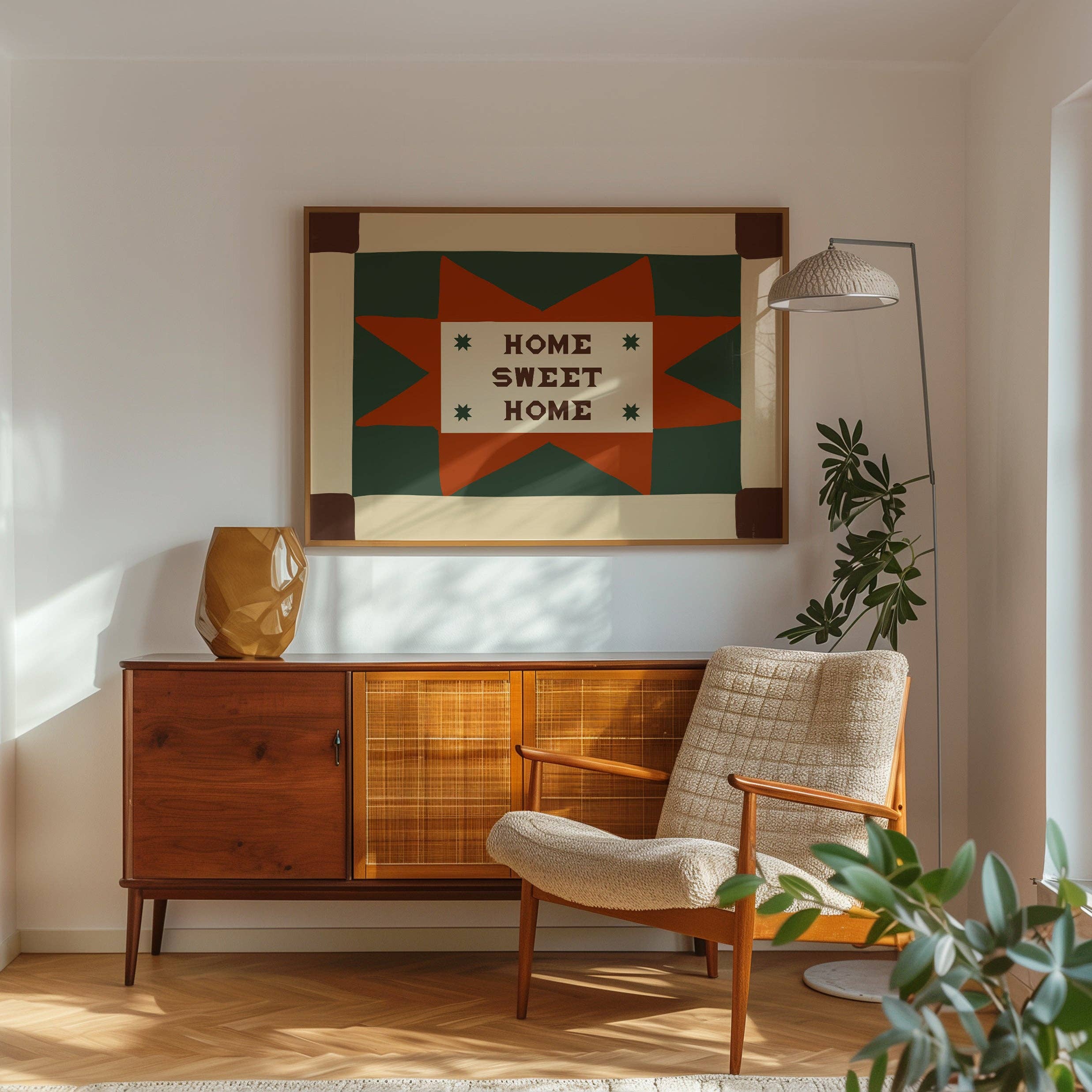 Home Sweet Home Patchwork Print: Green / Rust / Unframed / A4