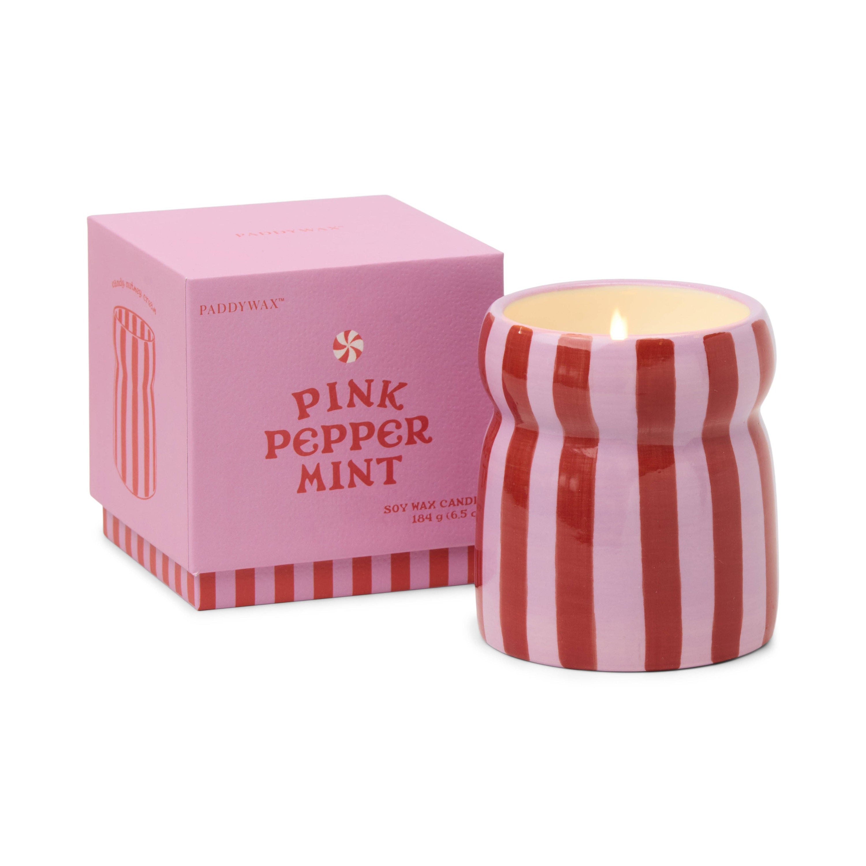 Paddy Wax Pink Striped Ceramic Candle - Pink Peppermint