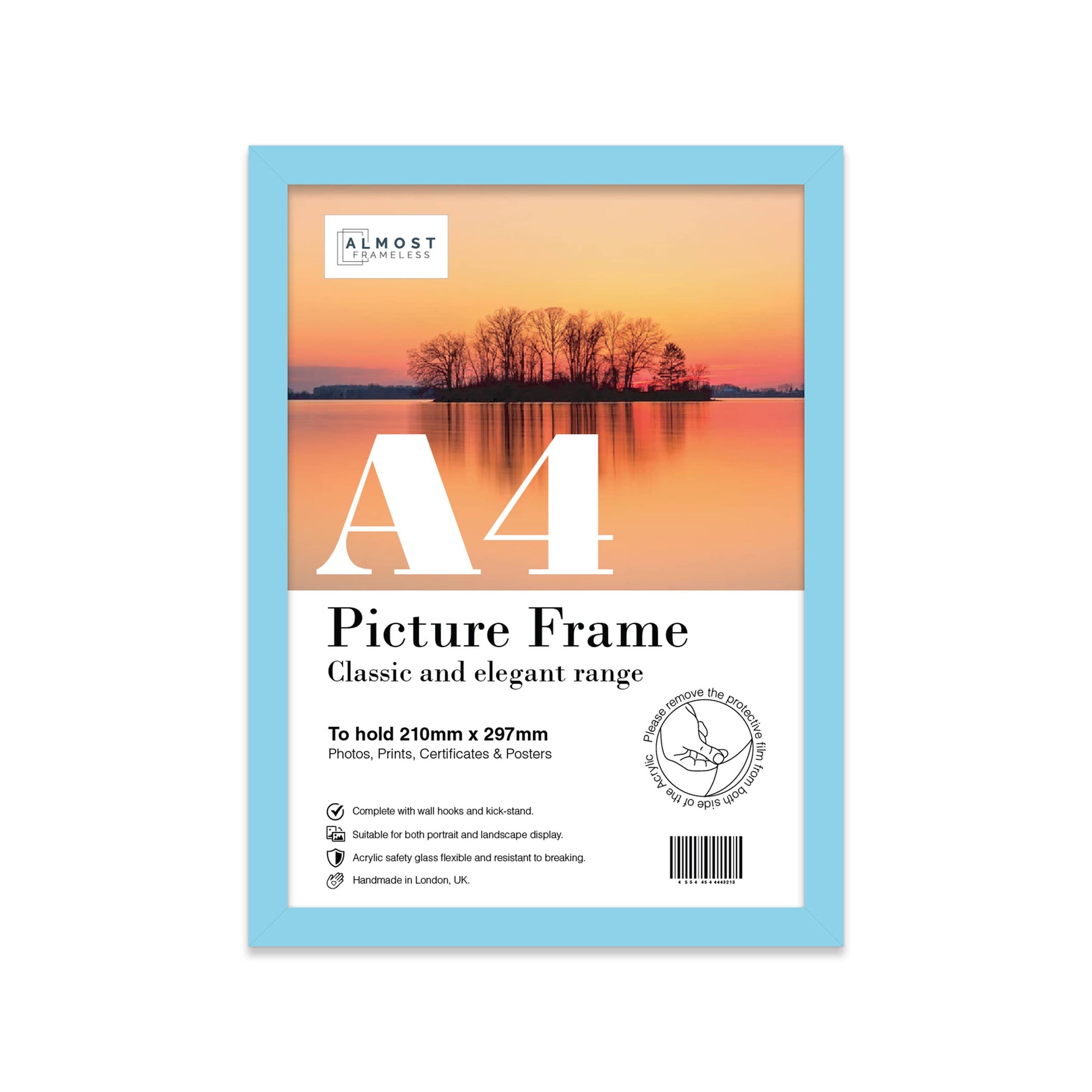 Light blue A4 picture frame on wall — soft blue photo frame for prints and artwork