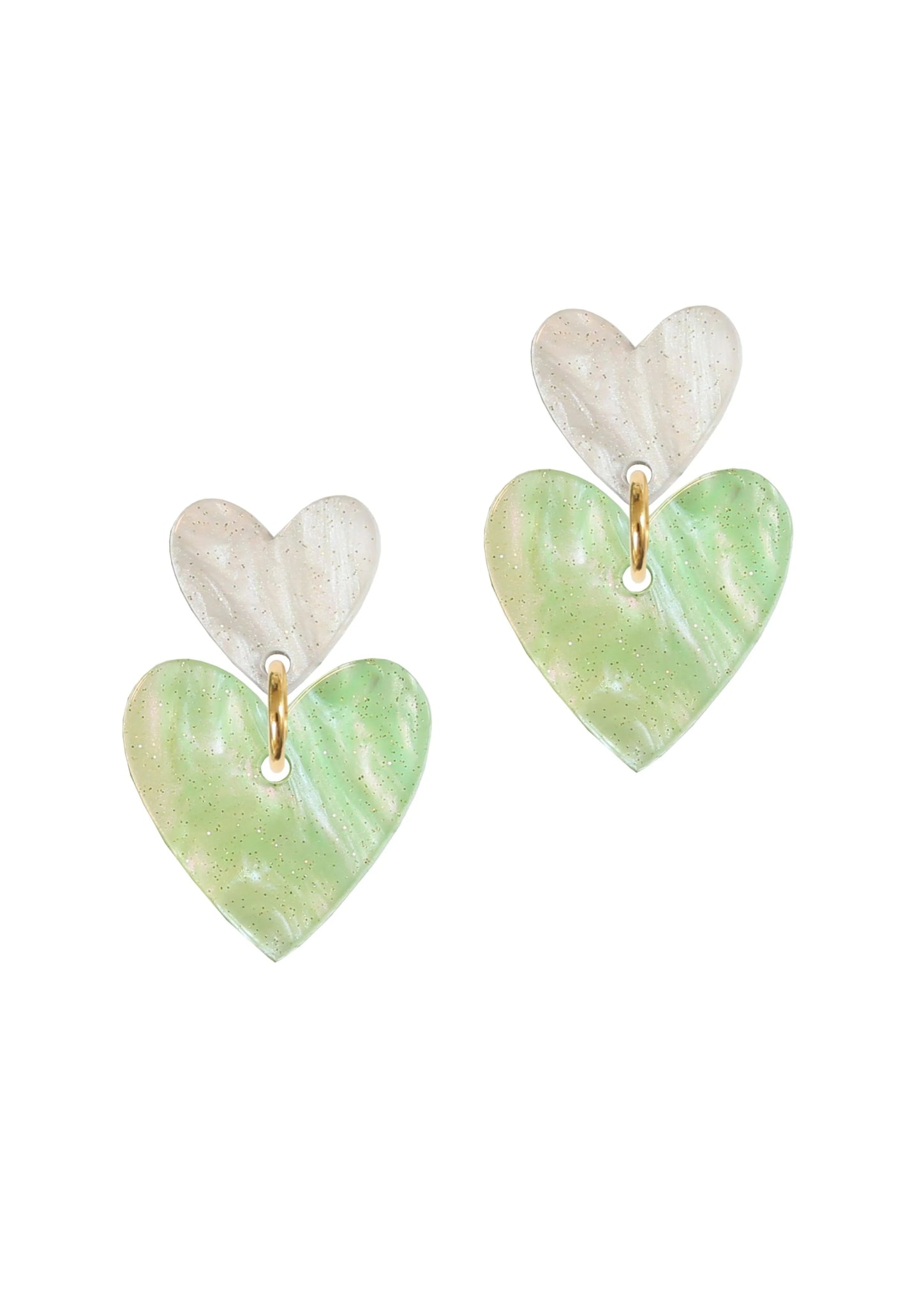 Double Heart Drop Studs - Pearl & Green - Kam Creates Modern Love Store Glasgow