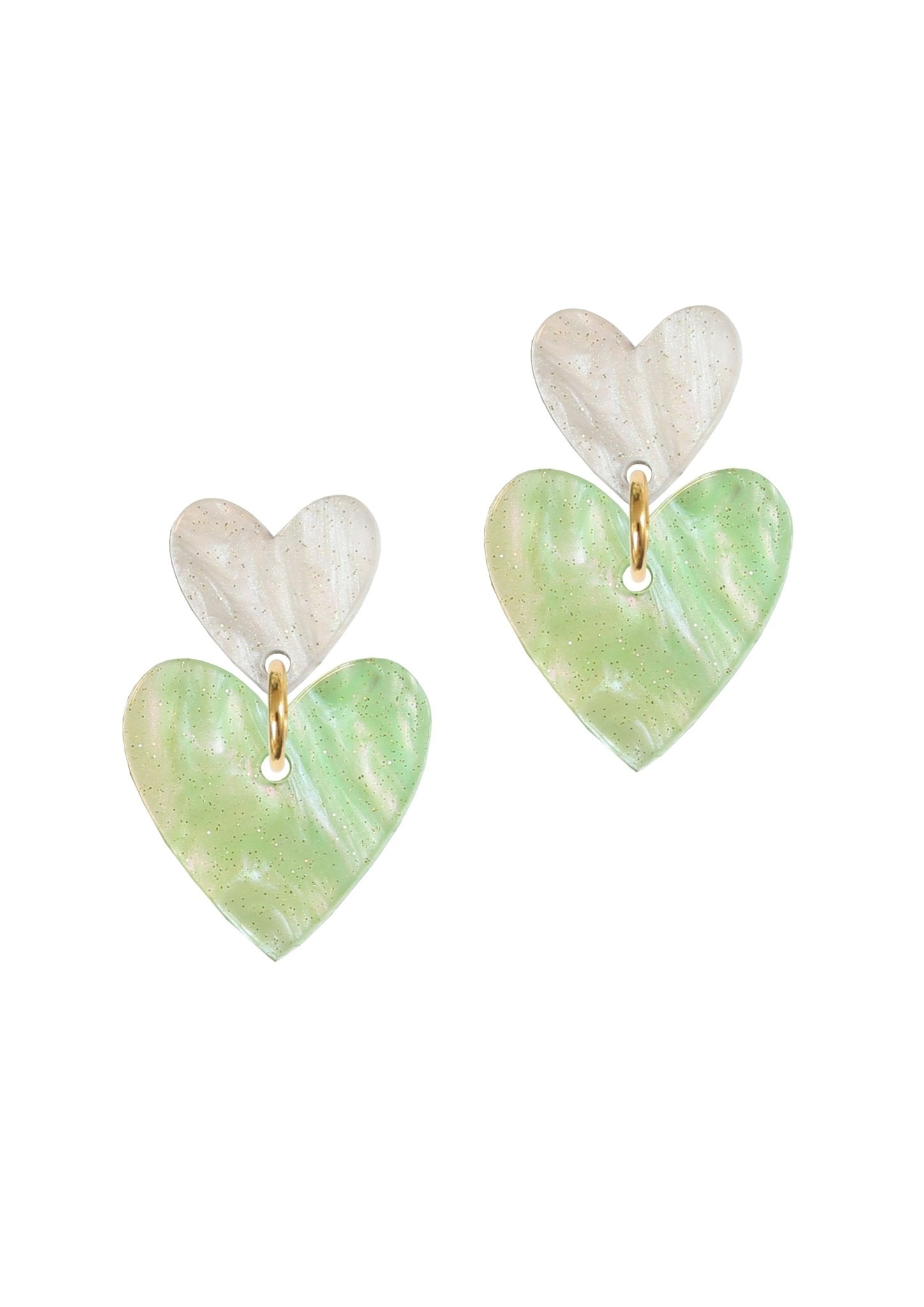 Double Heart Drop Studs - Pearl & Green - Kam Creates Modern Love Store Glasgow