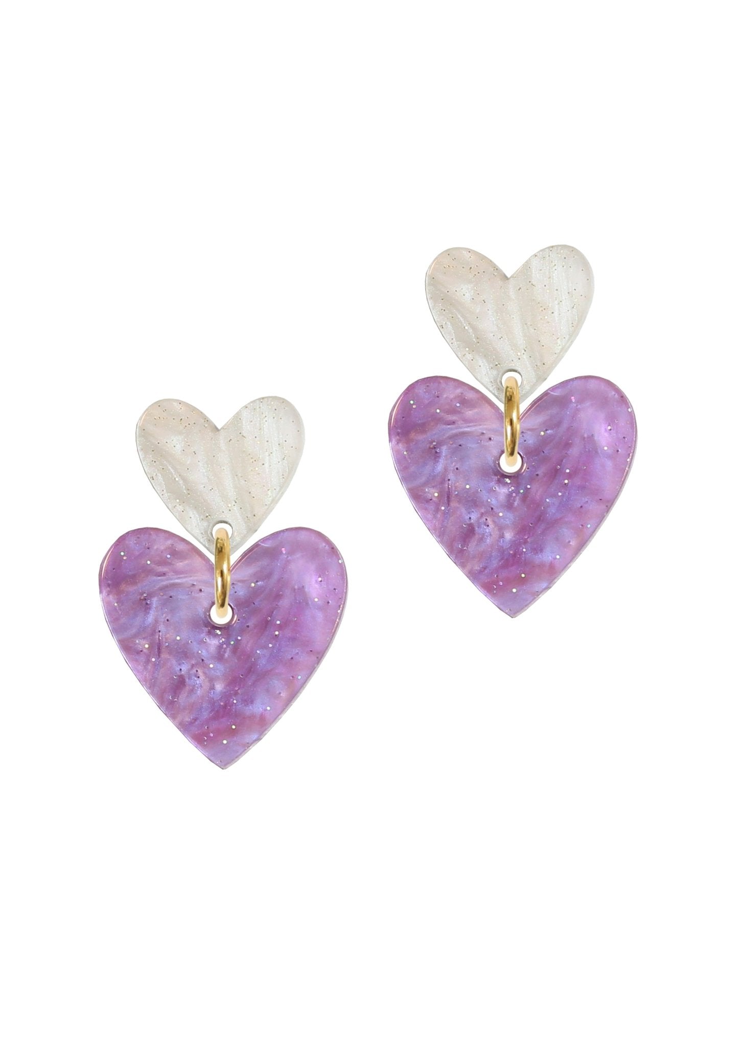 Double Heart Drop Studs - Pearl & Purple - Kam Creates Modern Love Store Glasgow