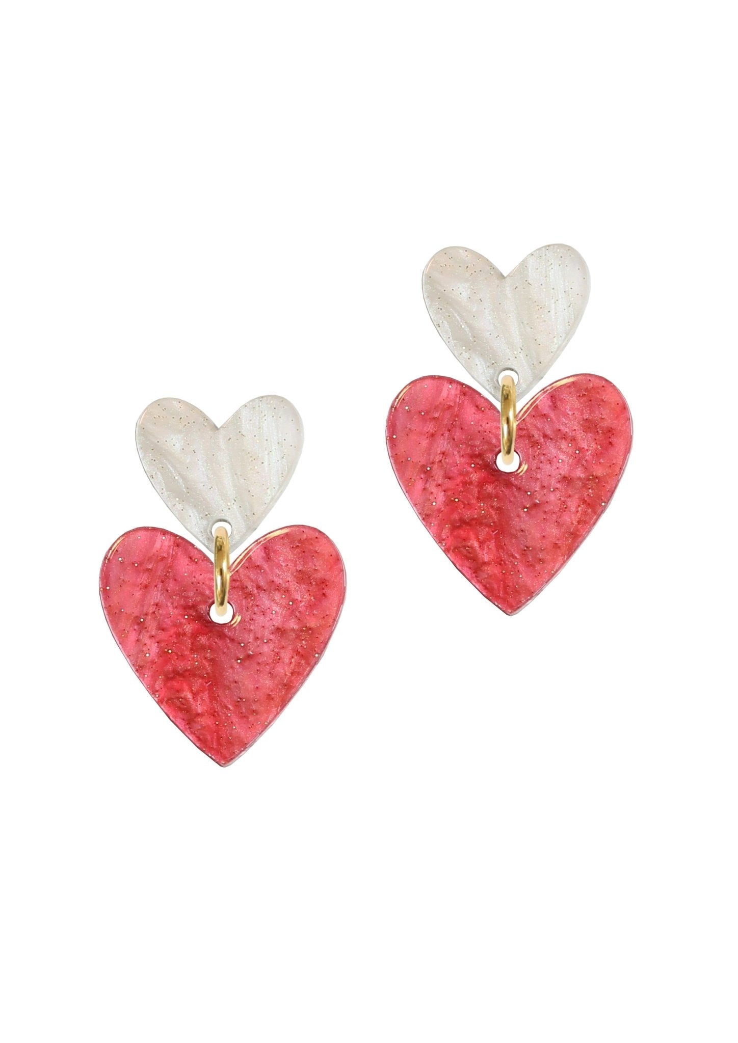 Double Heart Drop Studs - Pearl & Red - Kam Creates Modern Love Store Glasgow