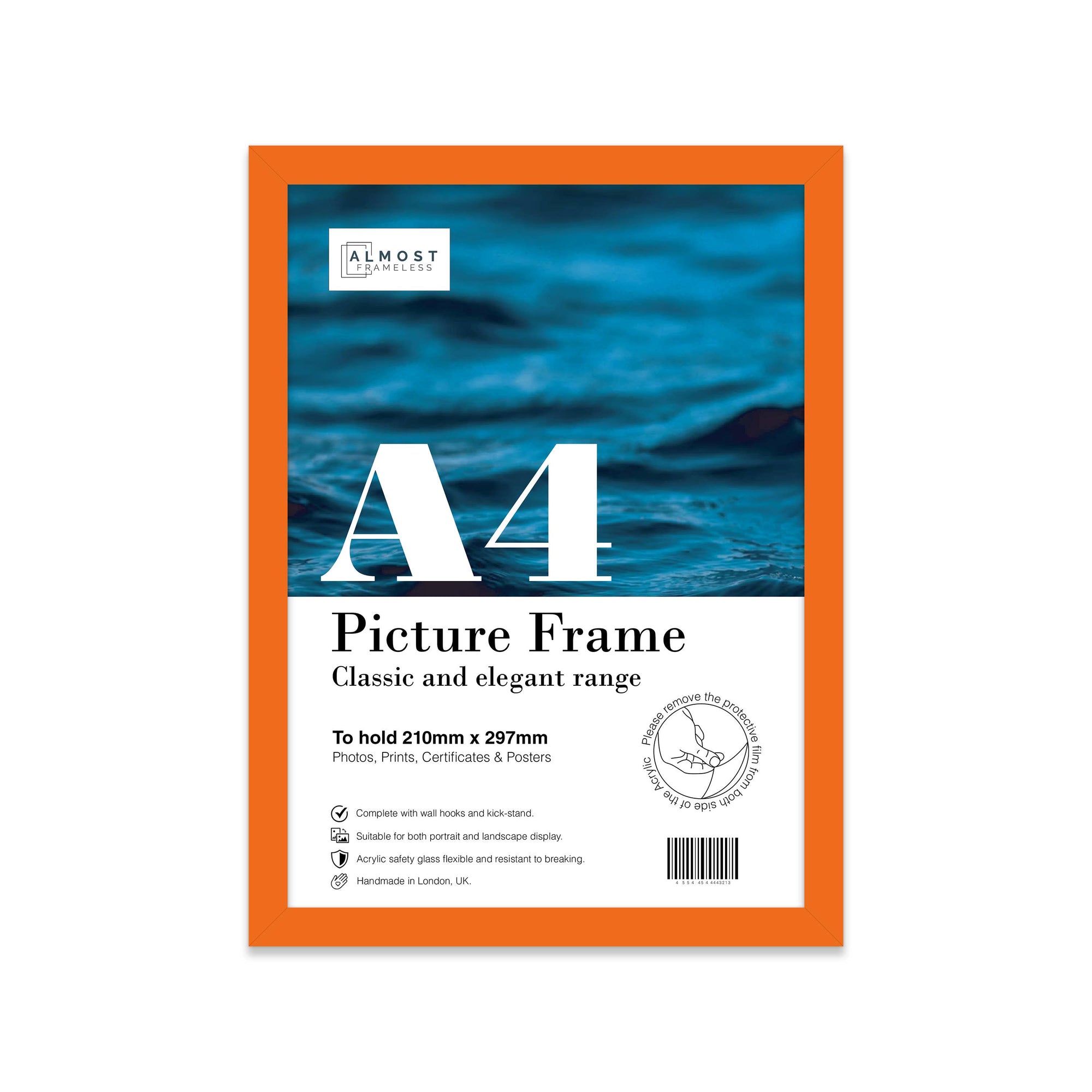 Orange A4 picture frame on wall — bold warm colourful photo frame UK