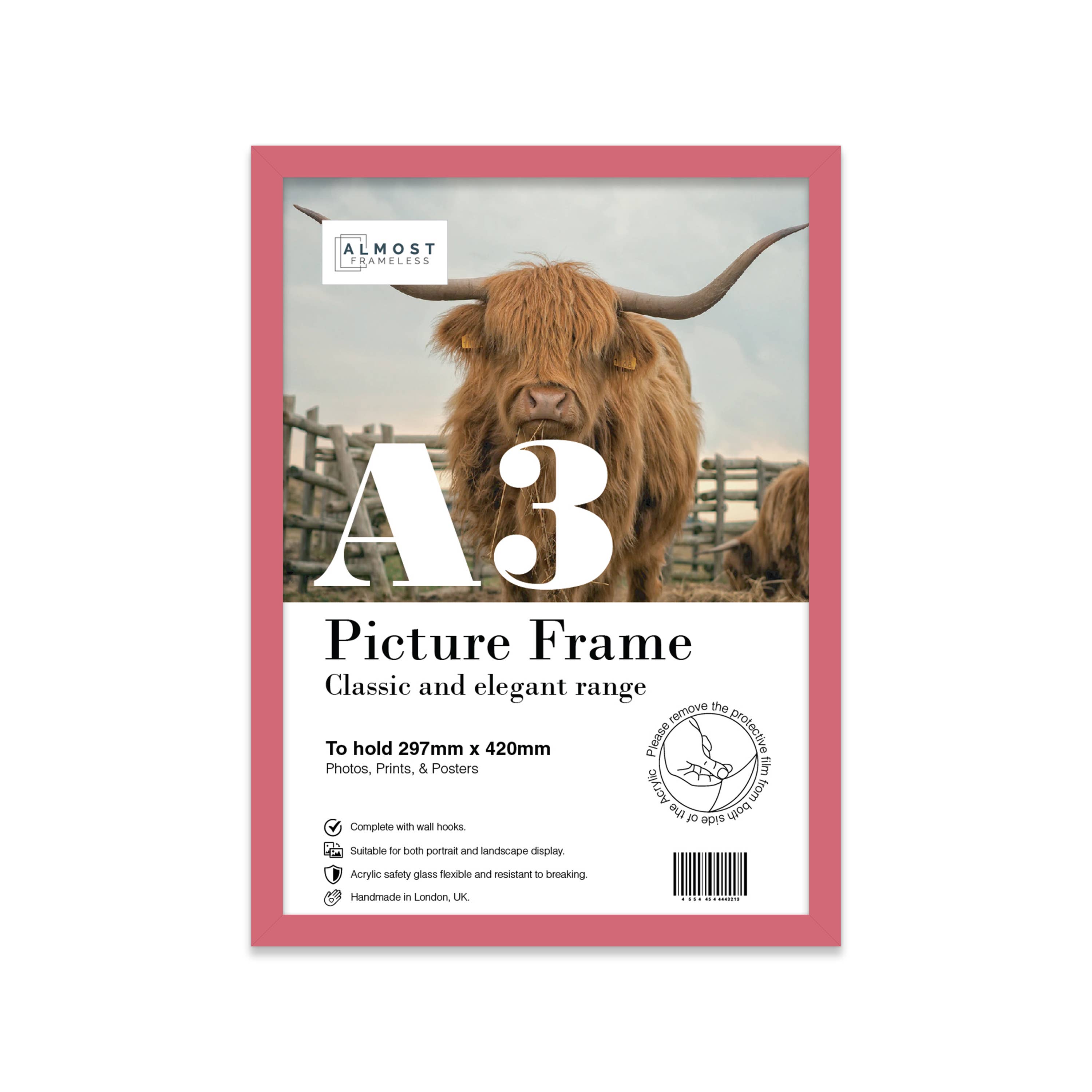 Pink A3 picture frame on white wall — colourful frame for artwork and prints