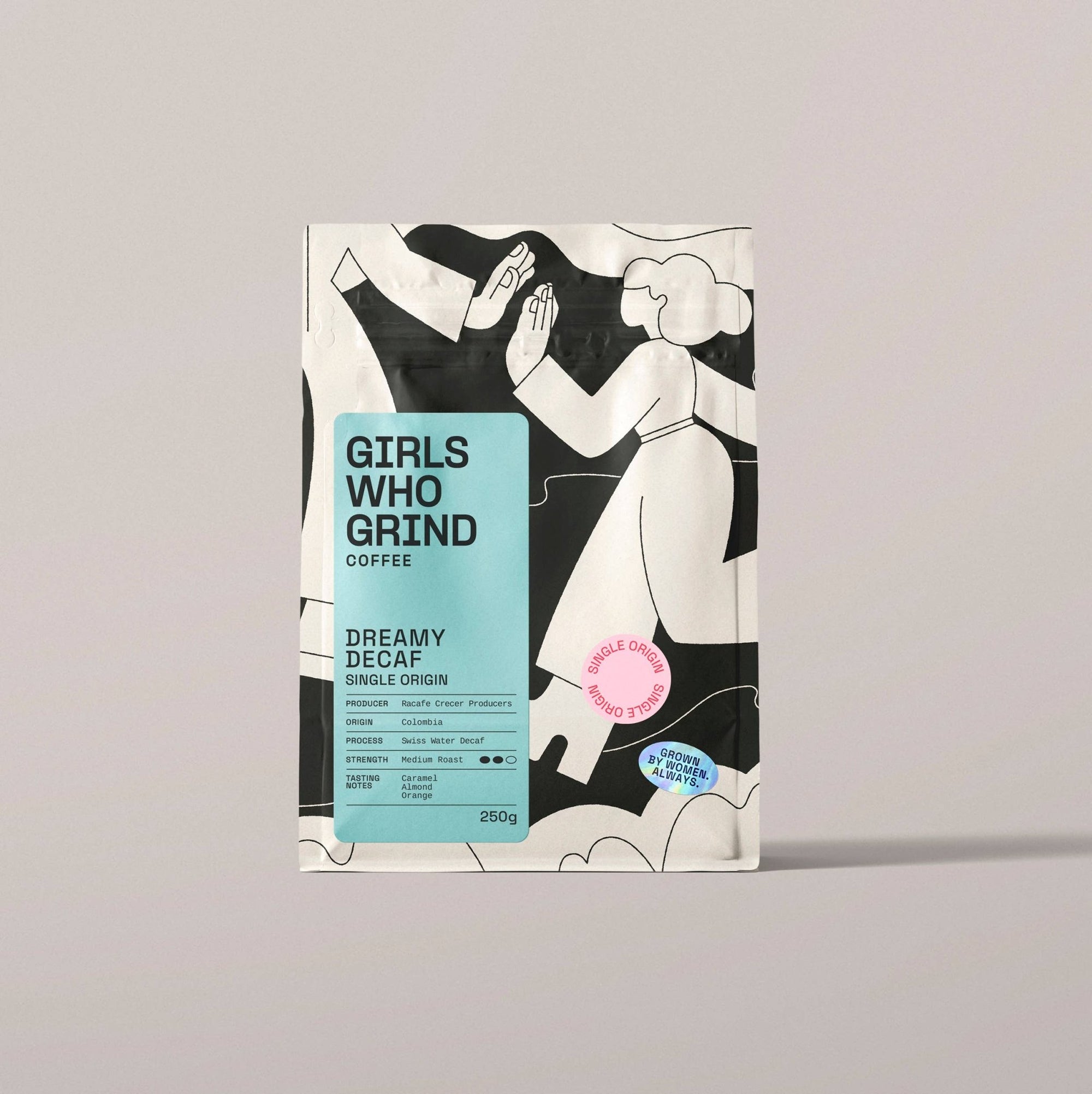 Decaf Coffee Beans, Dreamy Decaf, Racafe Crecer, Colombia.: French Press / 250g - Girls Who Grind Coffee Modern Love Store Glasgow