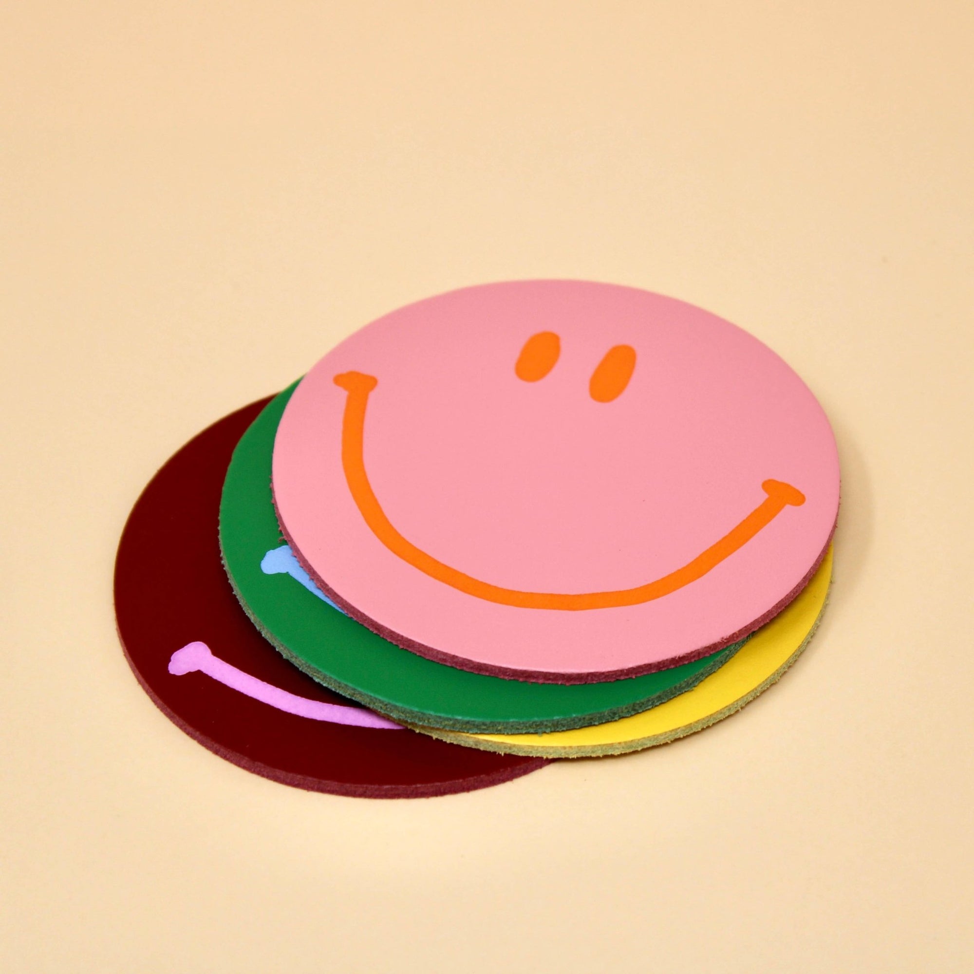 Happy Face Smilie Leather Coasters - Set of 4 - Ark Colour Design Modern Love Store Glasgow
