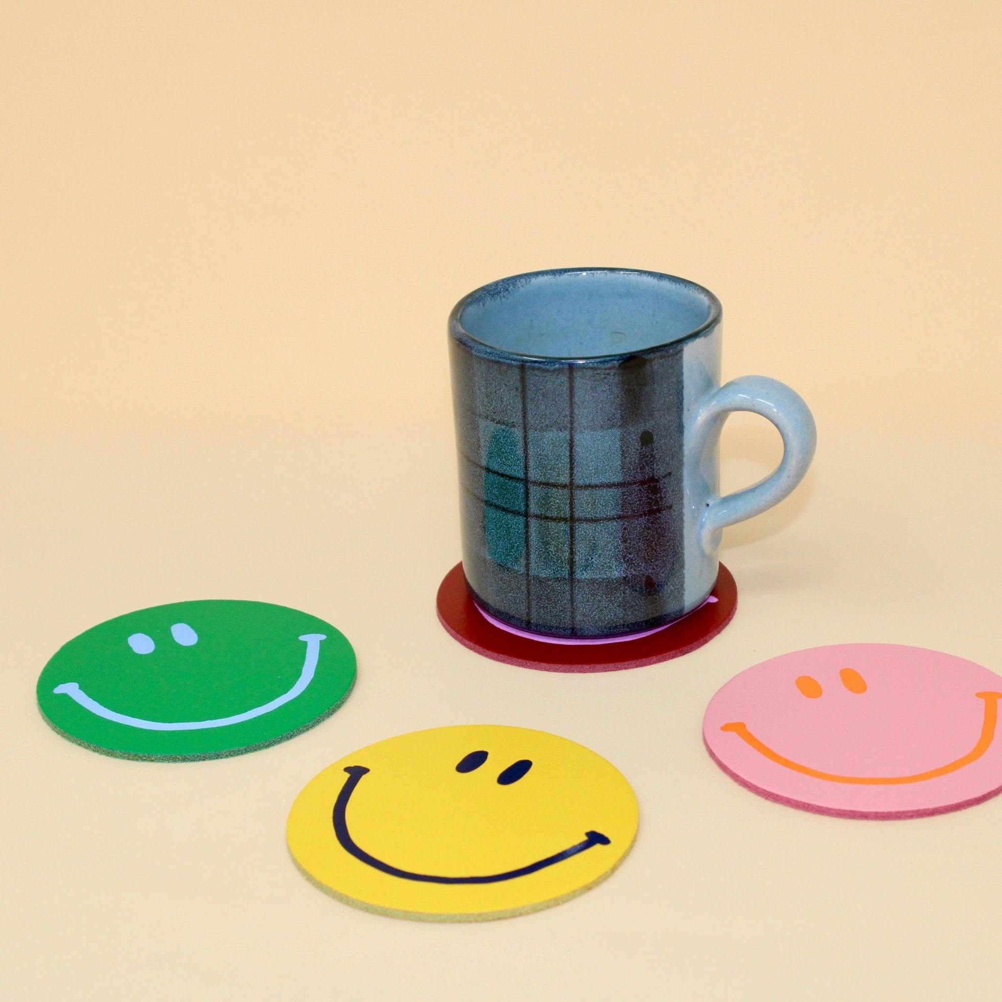 Happy Face Smilie Leather Coasters - Set of 4 - Ark Colour Design Modern Love Store Glasgow