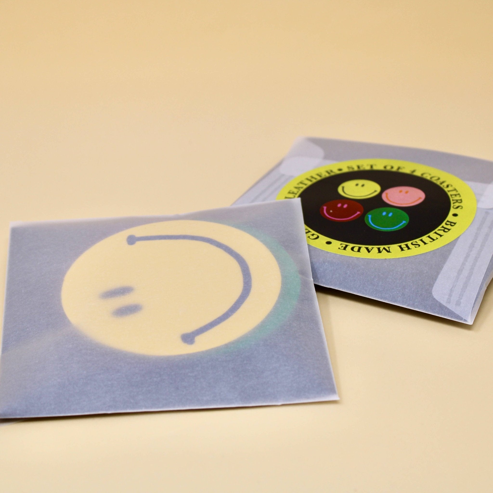 Happy Face Smilie Leather Coasters - Set of 4 - Ark Colour Design Modern Love Store Glasgow