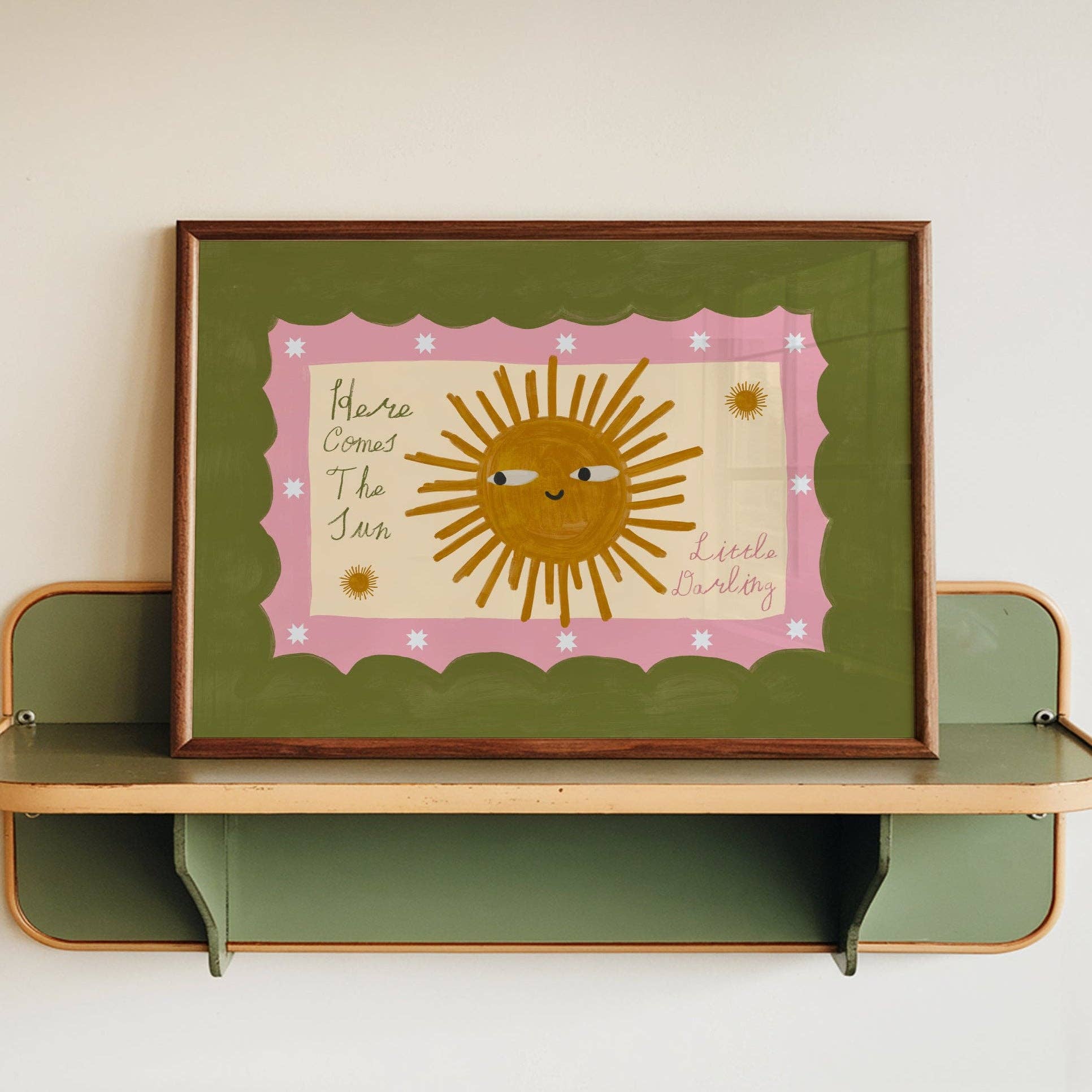 Here Comes The Sun Little Darling Print: Olive Green & Pink / Unframed - Lune Club Modern Love Store Glasgow