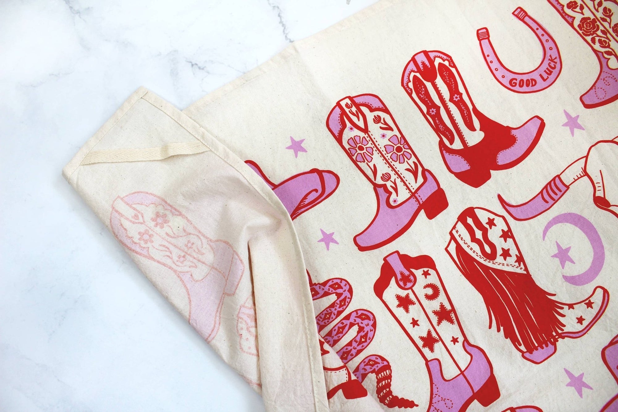 Howdy Cowgirl! Boots Tea Towel: Desert Rose Pink Red - Calhoun & Co. Modern Love Store Glasgow