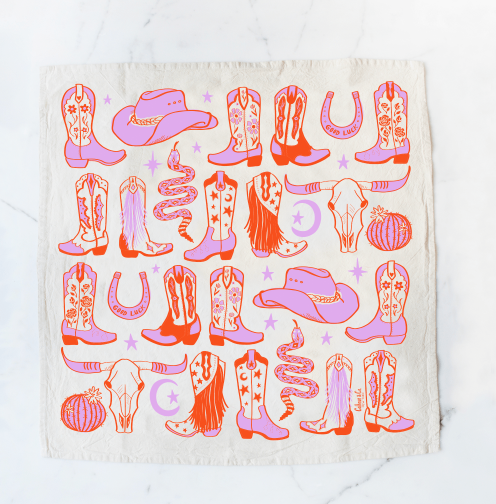 Howdy Cowgirl! Boots Tea Towel: Desert Rose Pink Red - Calhoun & Co. Modern Love Store Glasgow