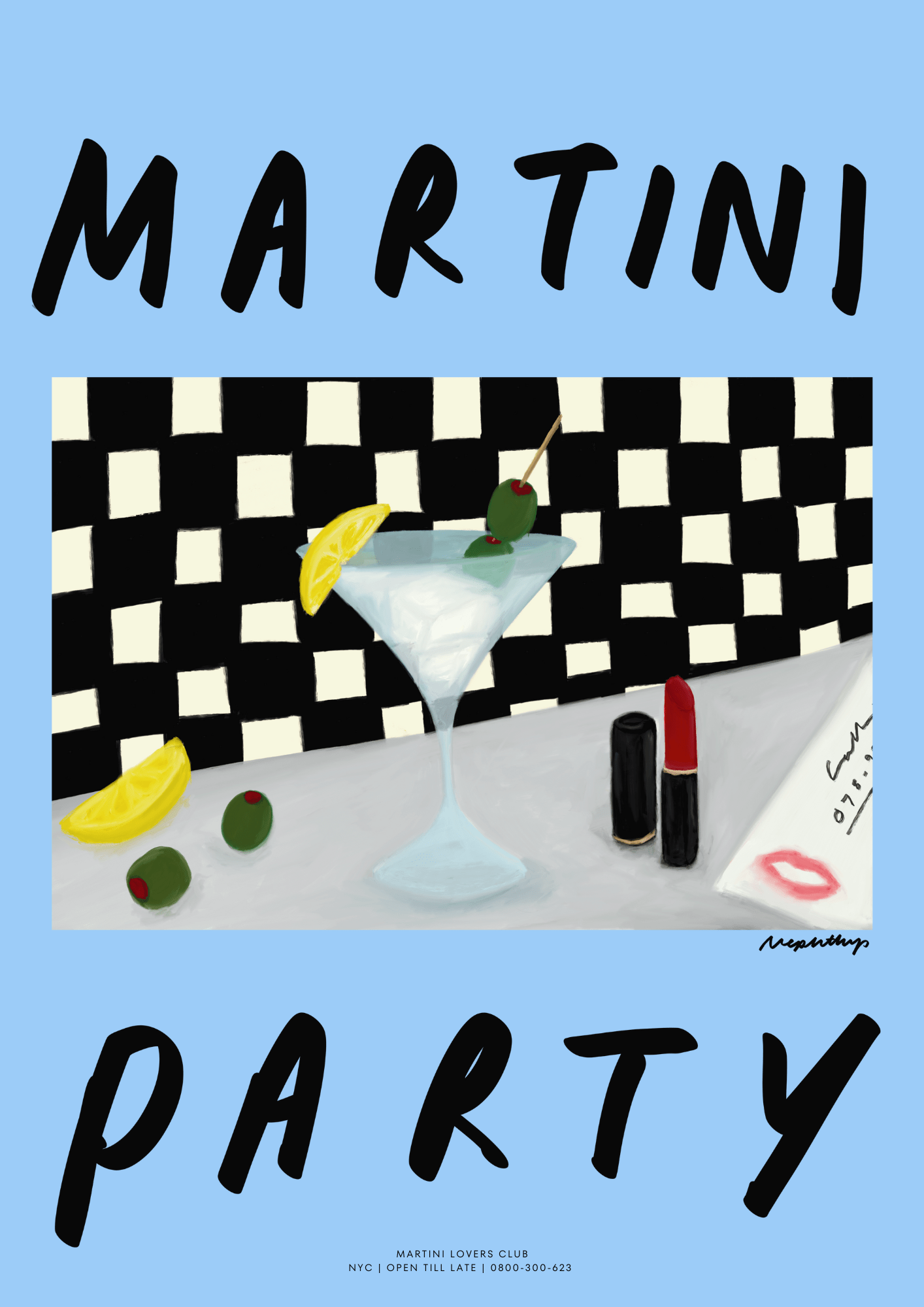 Martini Party Blue - Nephtys Illustrated Modern Love Store Glasgow