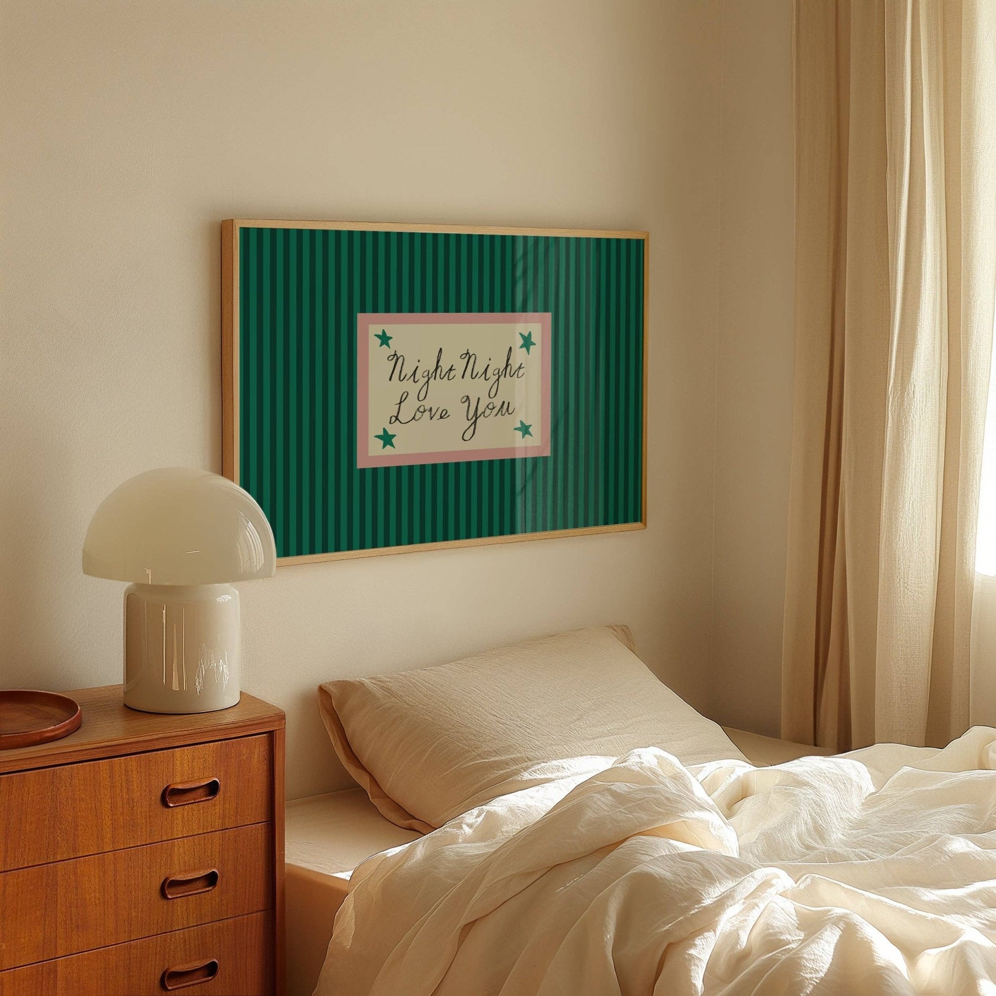 Night Night Love You Striped Print: Green / Pink / Unframed / - Lune Club Modern Love Store Glasgow