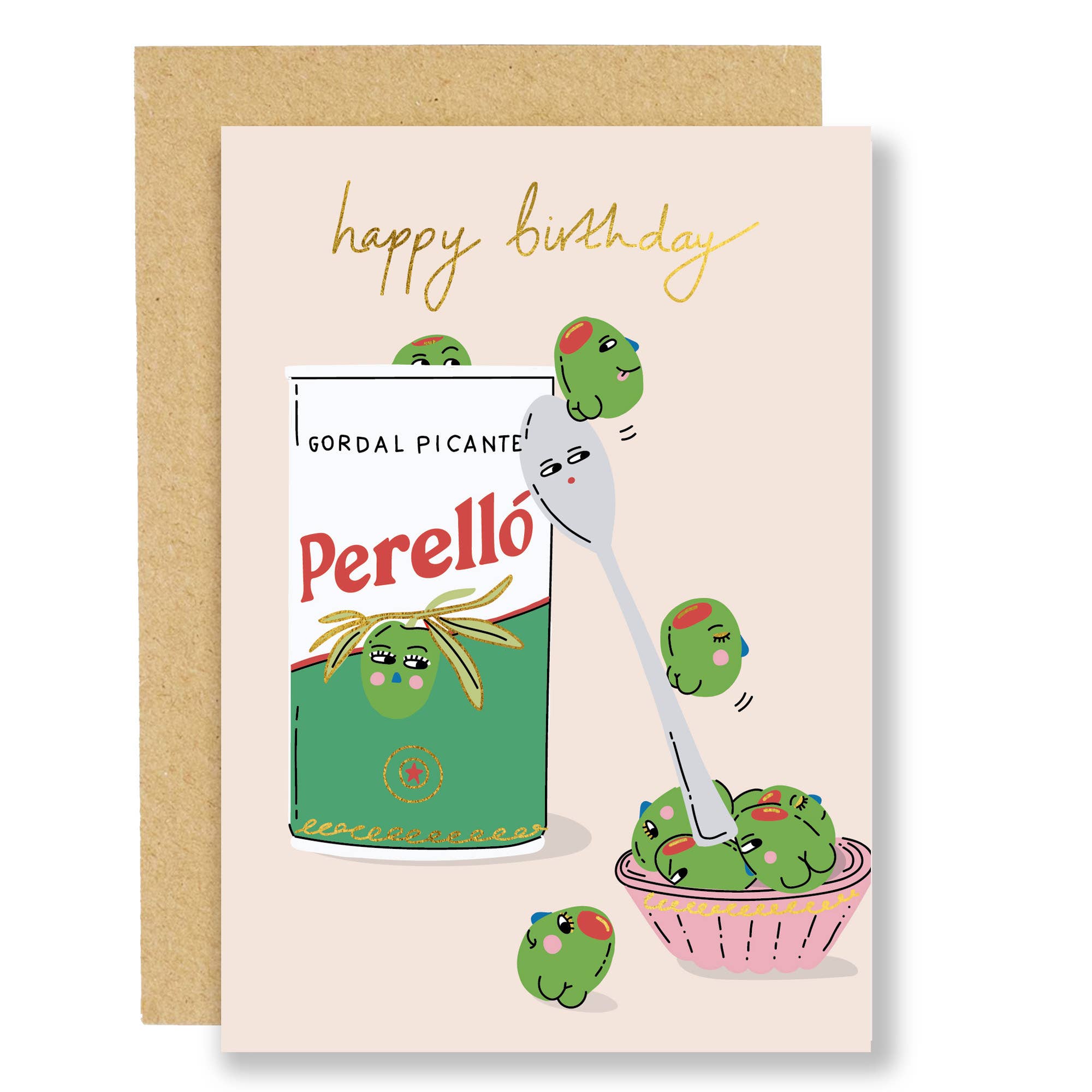 Picante olive birthday card, gold foil - Eat the Moon Modern Love Store Glasgow