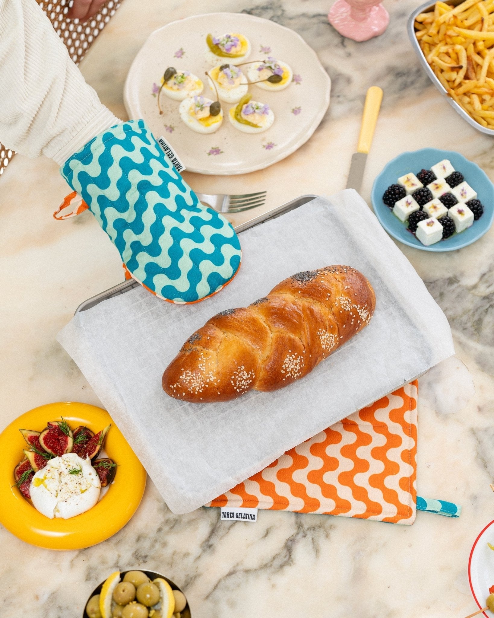 Pot Holder - Blue and Orange - Oven Mitts Tarta Gelatina Modern Love Store Glasgow