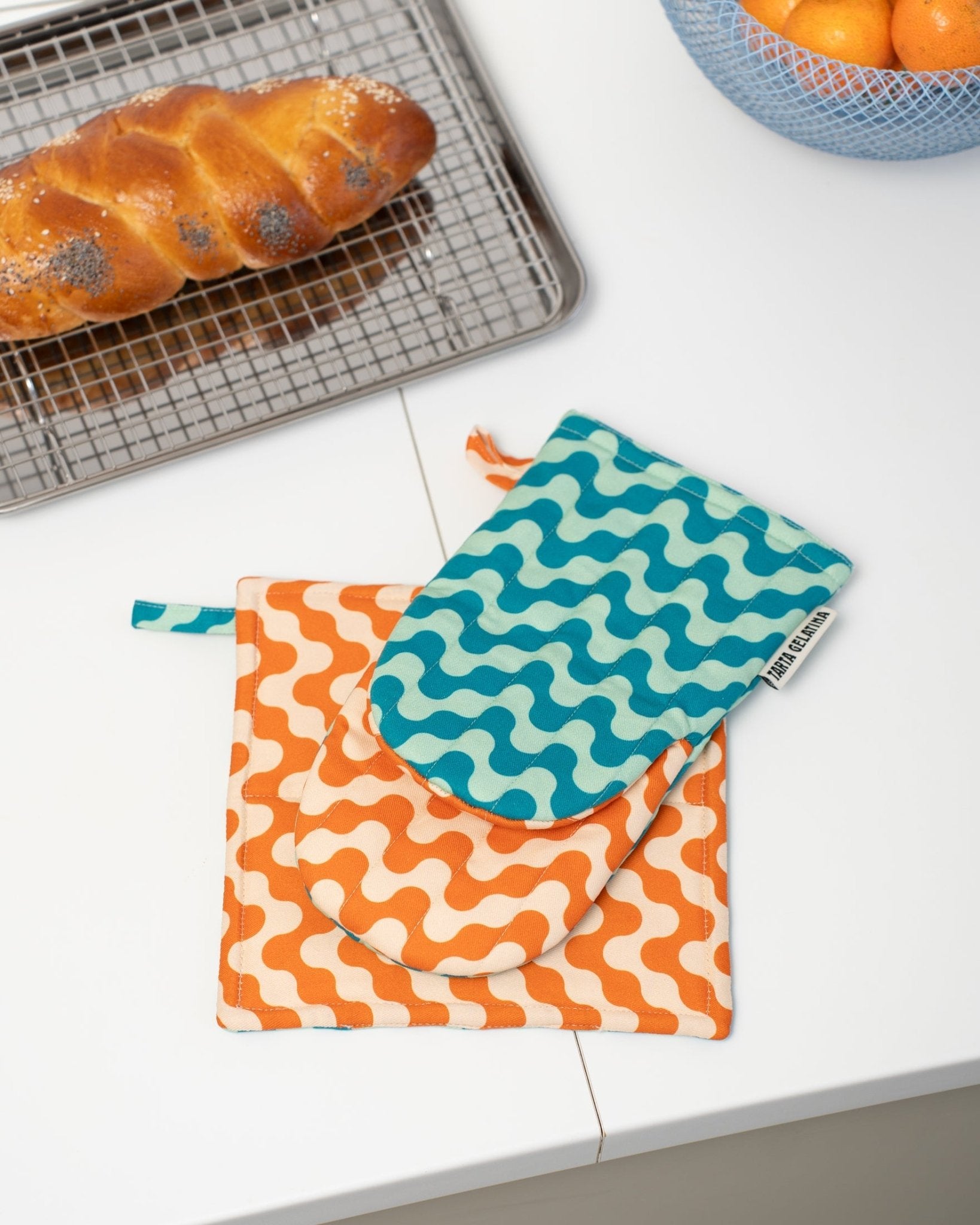 Pot Holder - Blue and Orange - Oven Mitts Tarta Gelatina Modern Love Store Glasgow