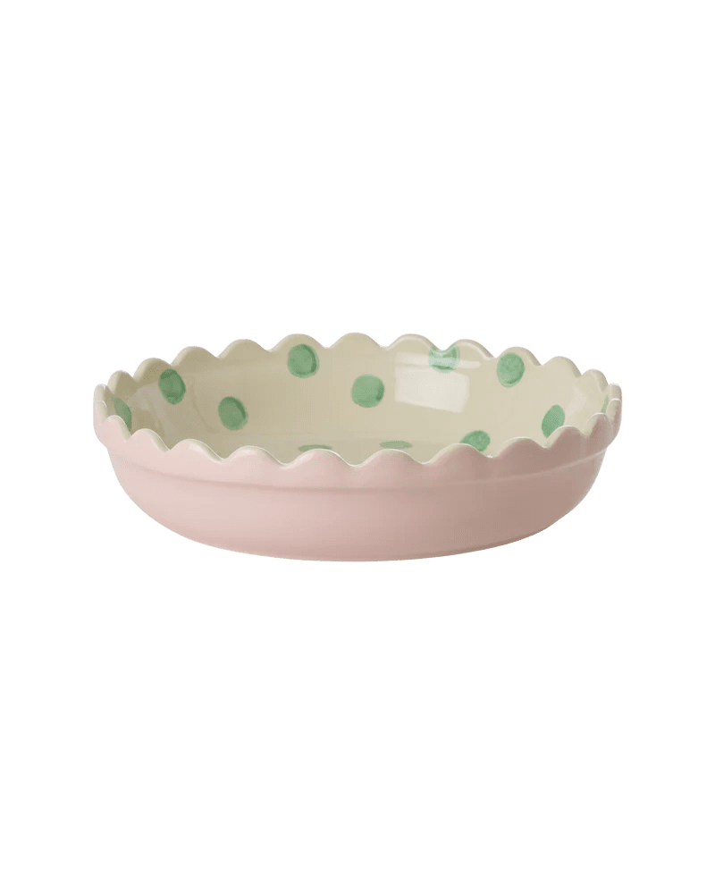 Small Pie Dish in Pink and Cream with Green Dots kitchen 
