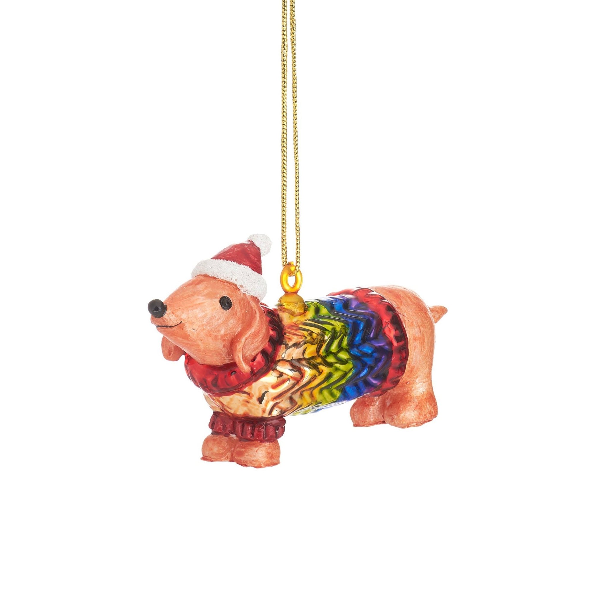 Sausage Dog in a Rainbow Jumper Shaped Bauble - Sass and Belle Modern Love Store Glasgow