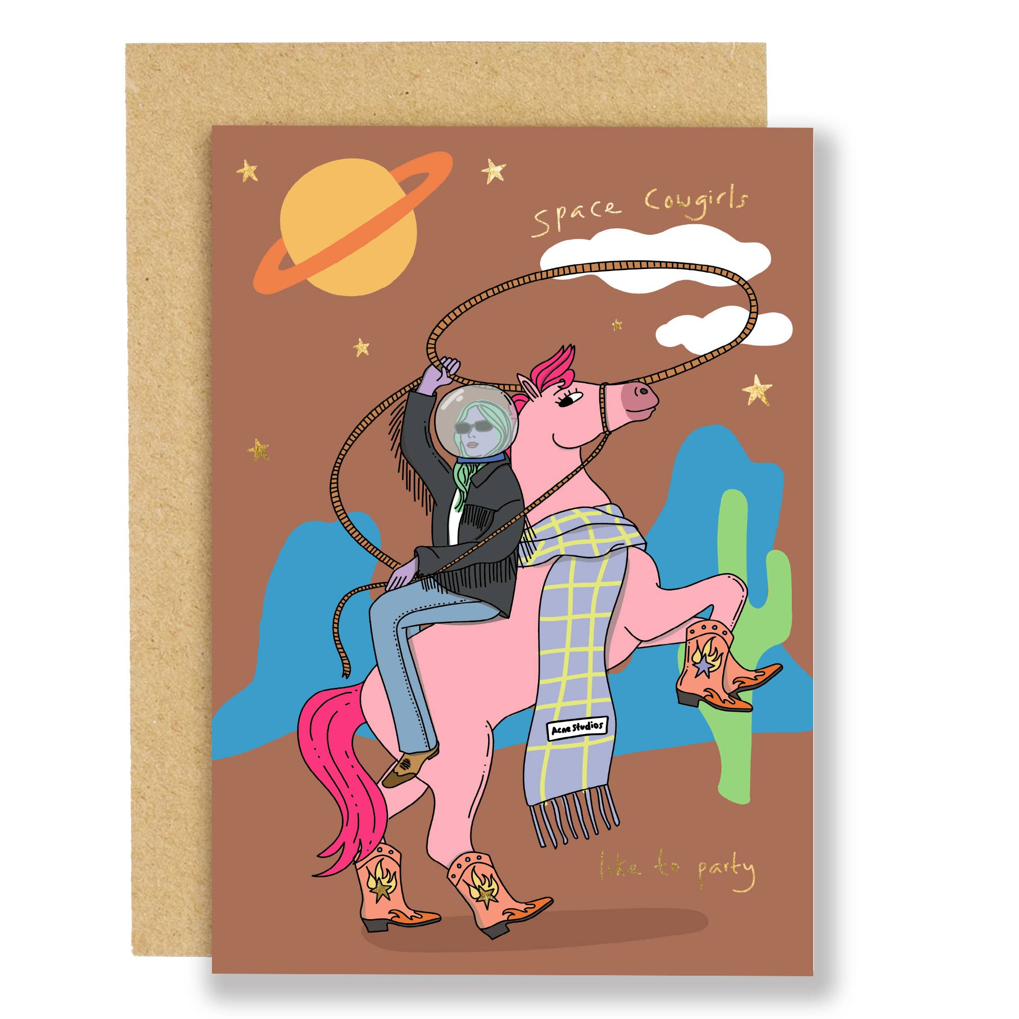 Space cowgirl - birthday card, gold foil - Eat the Moon Modern Love Store Glasgow