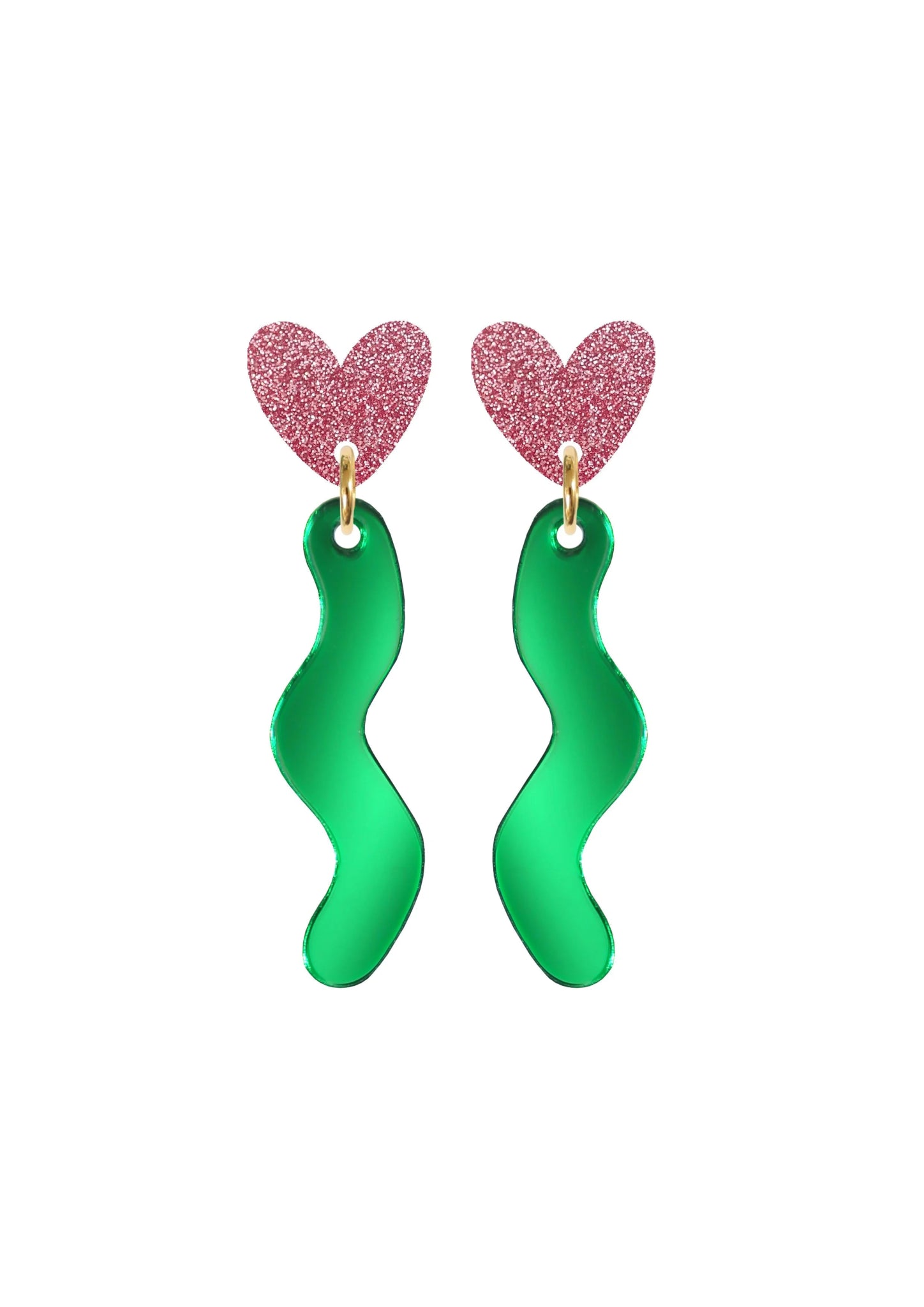 Squiggle Heart Drop Studs Pink and Green - Kam Creates Modern Love Store Glasgow