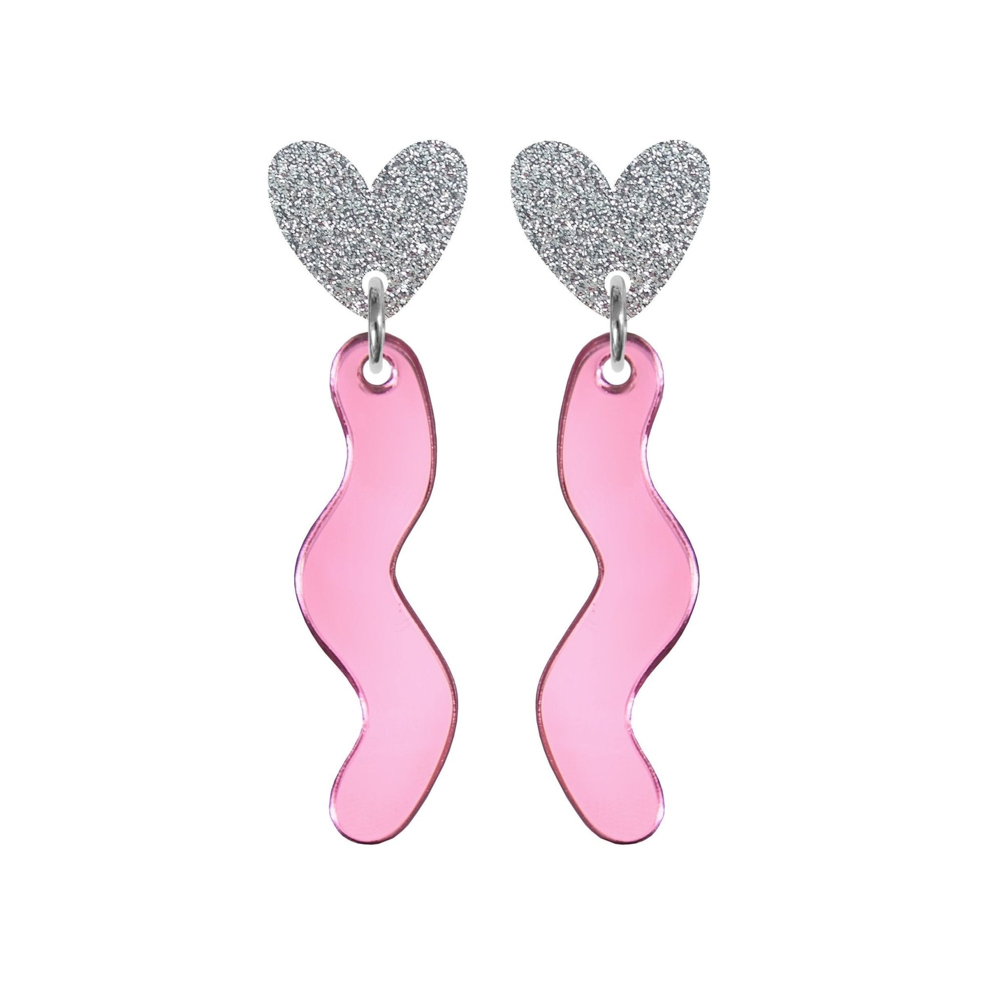 Squiggle Heart Drop Studs Silver & Pink - Kam Creates Modern Love Store Glasgow