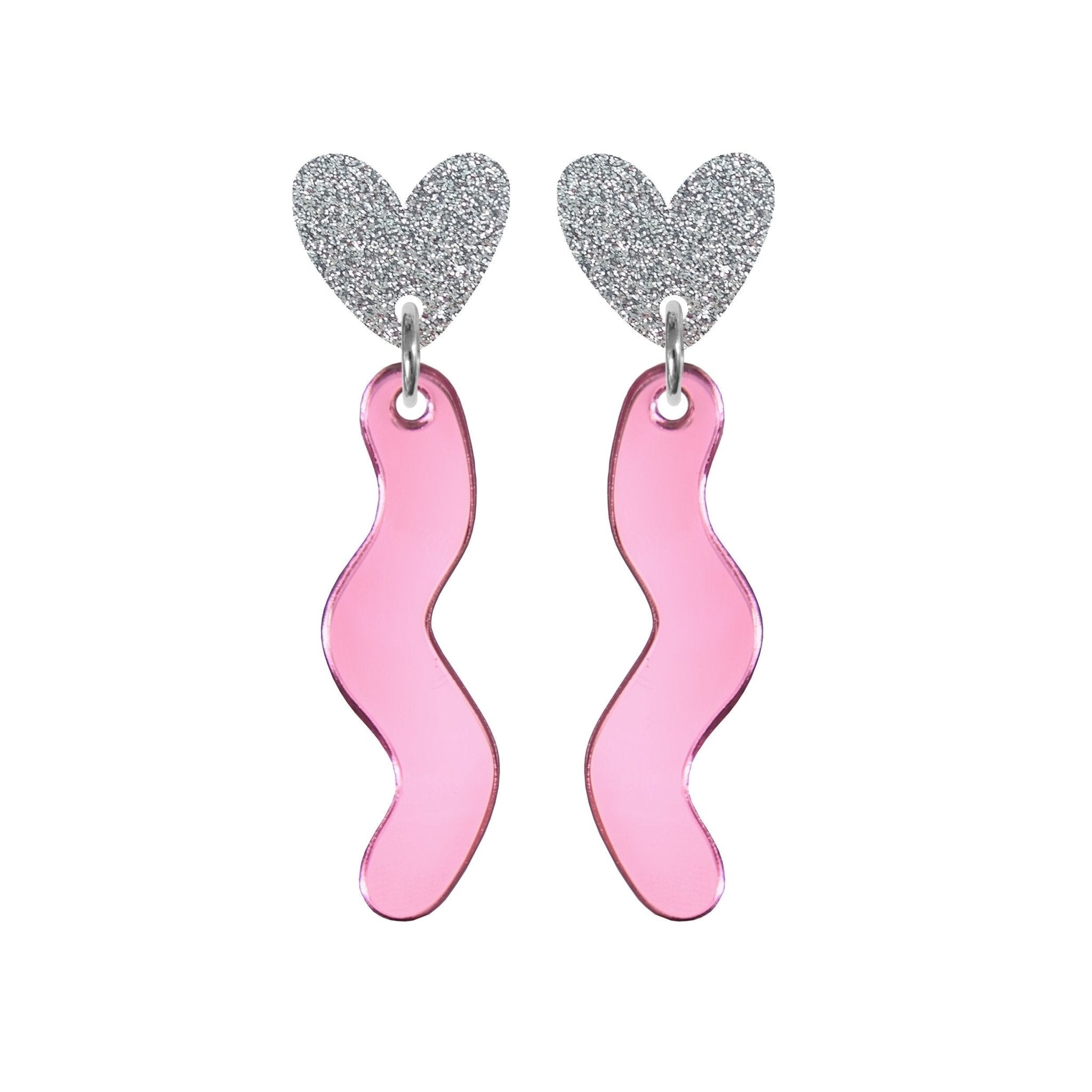 Squiggle Heart Drop Studs Silver & Pink - Kam Creates Modern Love Store Glasgow