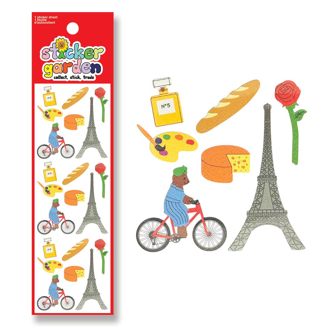 Twinkle Bear Biking in Paris Sticker Sheet - Sticker Garden Modern Love Store Glasgow