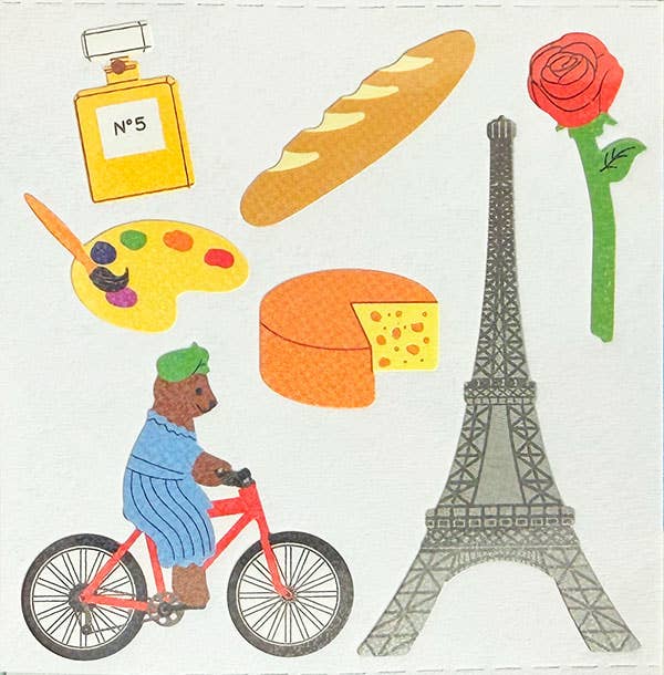 Twinkle Bear Biking in Paris Sticker Sheet - Sticker Garden Modern Love Store Glasgow