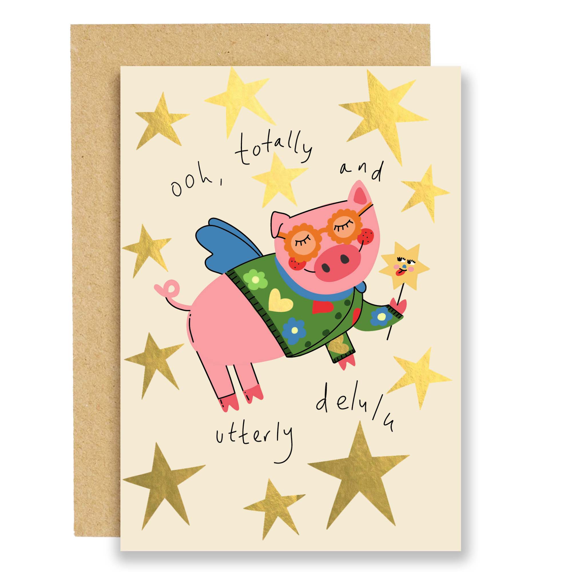 Totally and utterly delulu everyday card - gold foil - Eat the Moon Modern Love Store Glasgow
